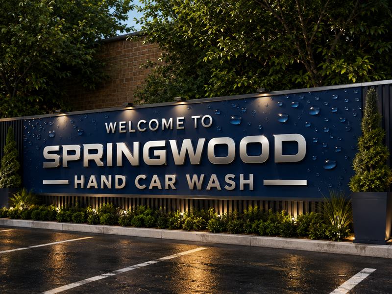 The illuminated Welcome to Springwood Hand Car Wash sign at the entrance