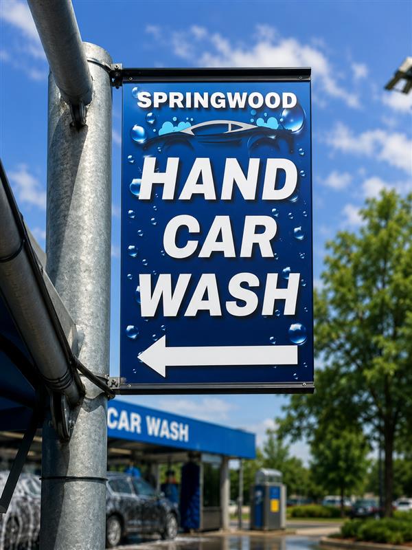 Springwood Hand Car Wash sign pointing into the site